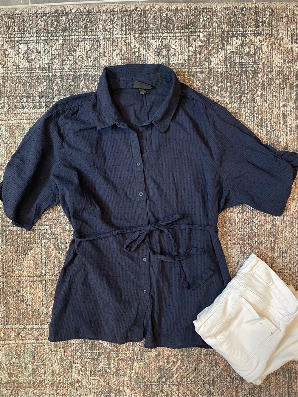 Lane Bryant 100% Cotton Swiss Dot Blouse Size 26 Navy Blue Tie Waist Top
